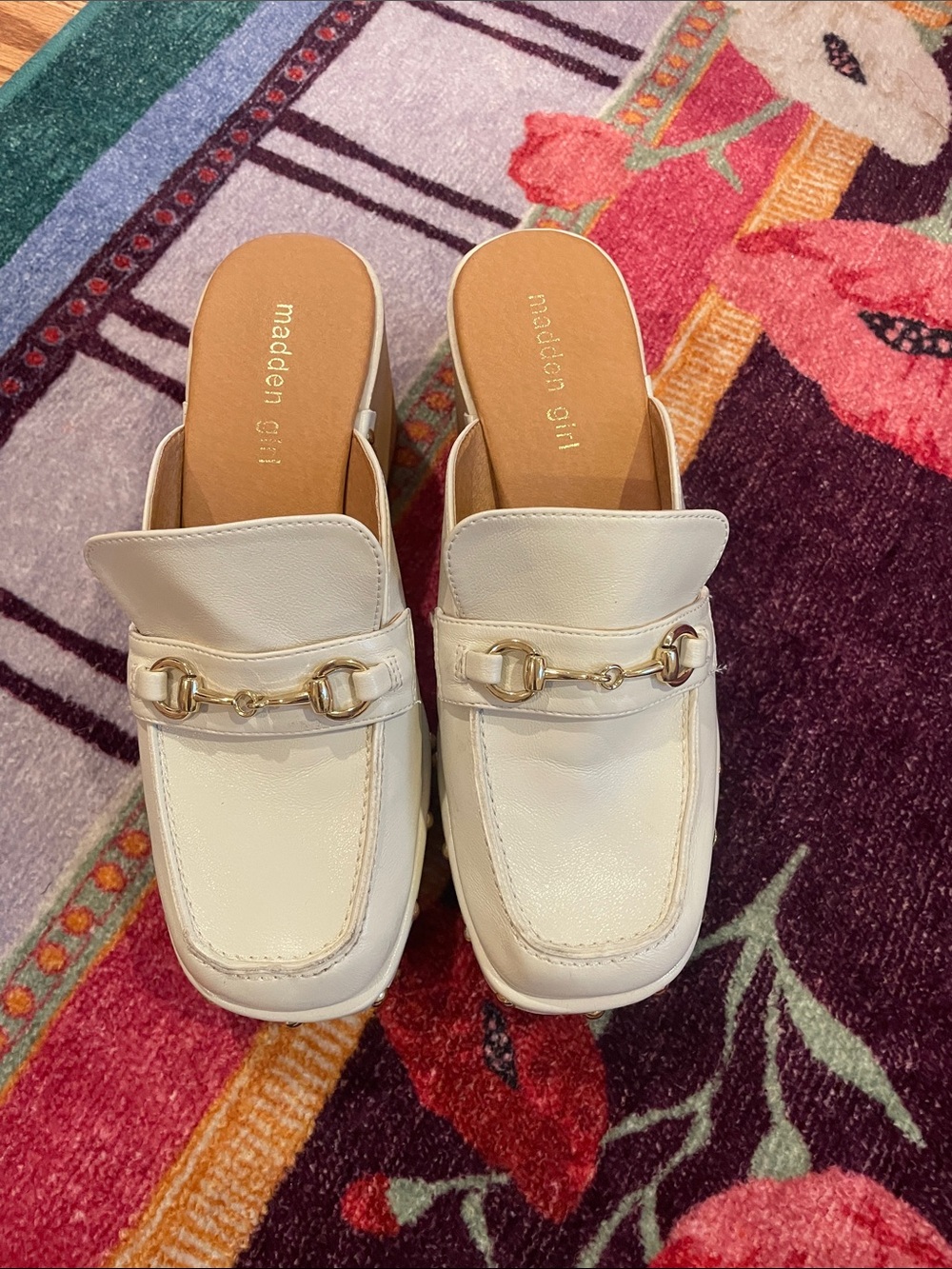 Madden Girl White Leather Slip-On Mules with Gold Bit